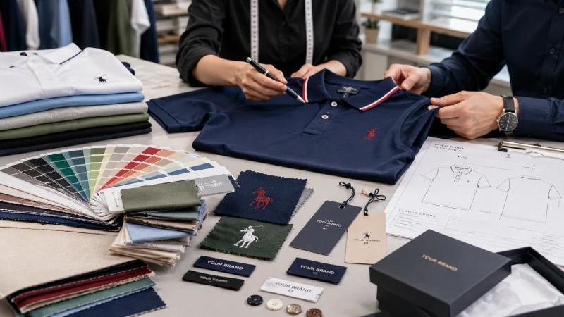 Custom private label polo shirt fabric selection embroidery and branding process