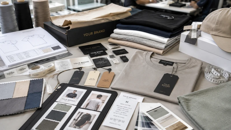 Custom private label shirt branding process with woven labels hang tags and packaging options
