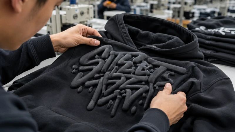 Close-up quality inspection of puff print hoodies with raised 3D logo texture