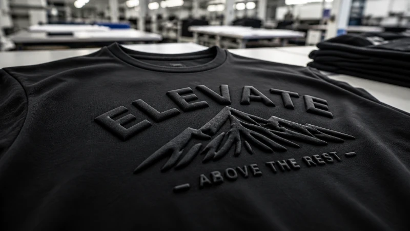puff print t-shirt with raised 3D logo texture in garment factory setting