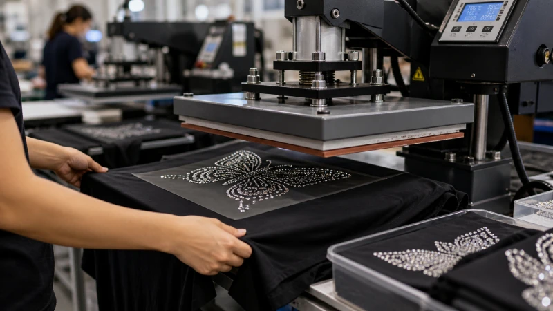 rhinestone t-shirt heat press production process in factory