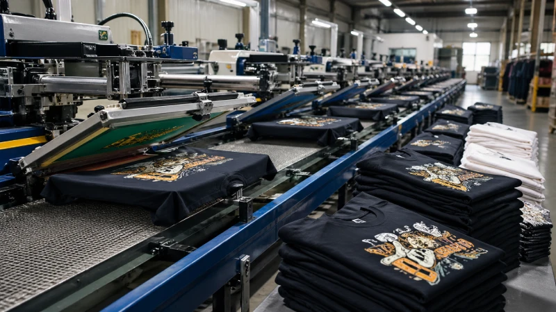screen printed t-shirt production line in apparel factory