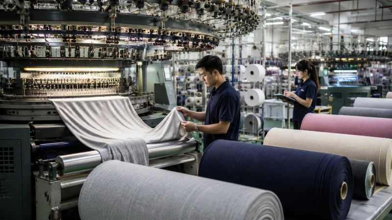 Single jersey fabric manufacturing facility with circular knitting machines and fabric quality inspection for apparel production