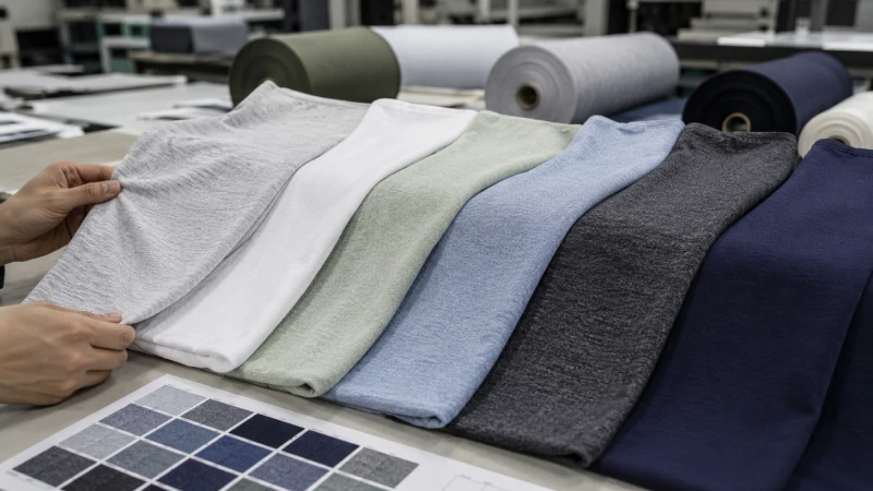 Different types of single jersey knit fabrics for T-shirt and sportswear manufacturing displayed in a textile sourcing workspace