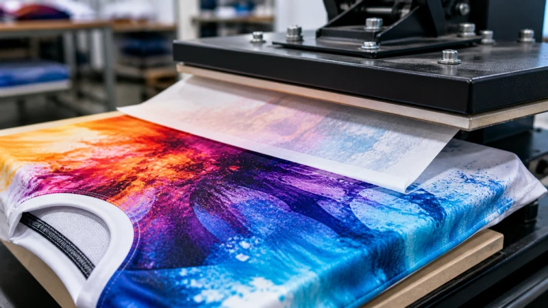 close-up of sublimation printing on polyester t-shirt showing color transfer process