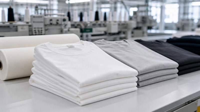 Premium Supima cotton T-shirts displayed inside a modern apparel manufacturing factory