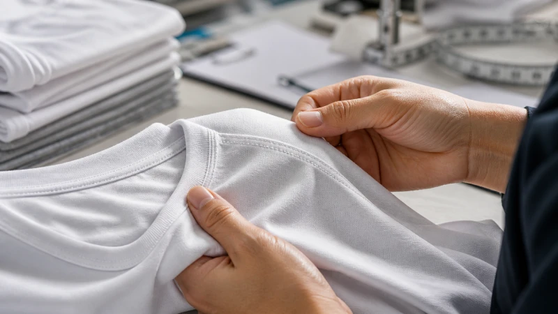 T-shirt fabric quality inspection and stitching check close-up