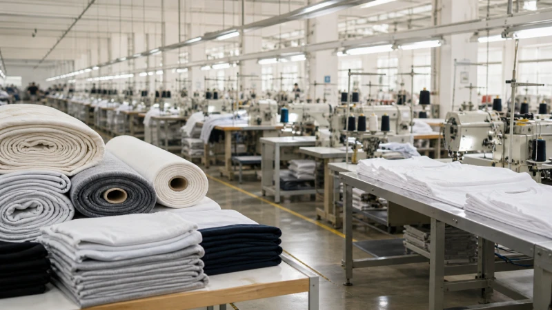 T-shirt garment manufacturing factory with fabric rolls and production line