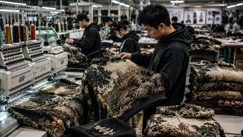 Custom tapestry hoodie manufacturing process inside a streetwear clothing factory