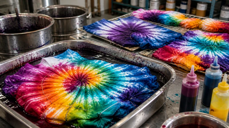 tie dye t-shirt fabric dyeing process with vibrant color patterns