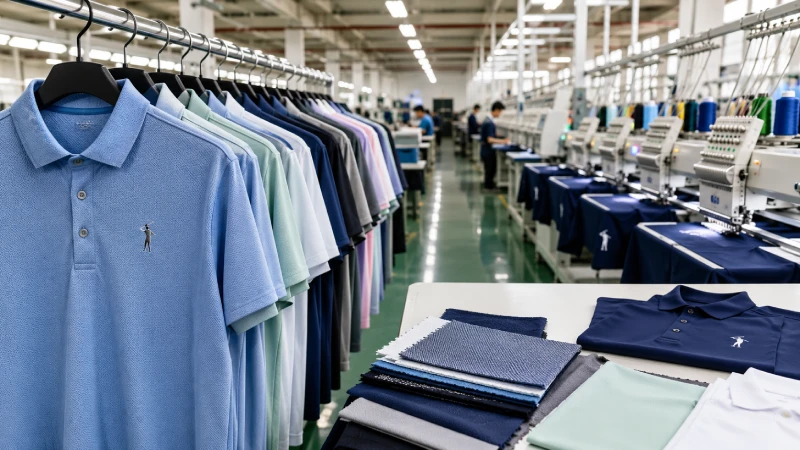 Custom golf shirt manufacturing factory producing performance polo shirts for global golf apparel brands
