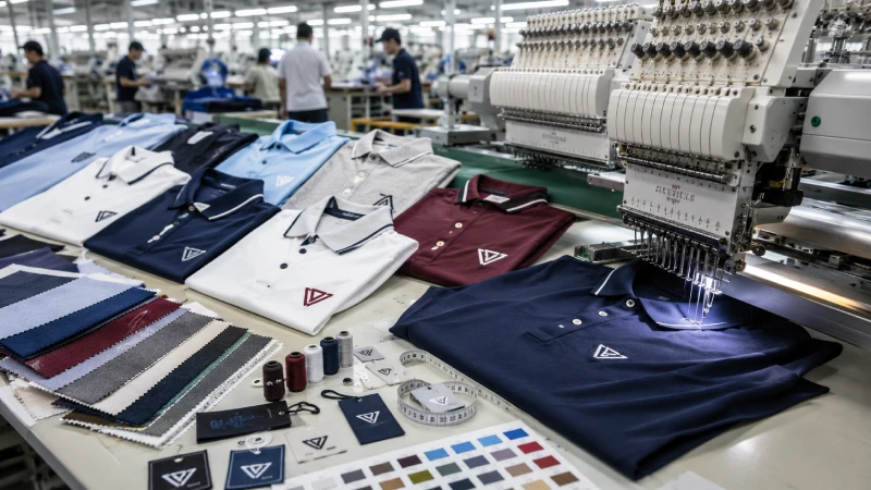 Custom polo shirt manufacturing factory with embroidered branded polo shirts on production line
