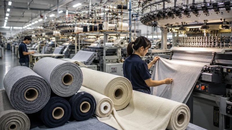 French terry fabric manufacturing facility with knitted fabric rolls and textile production machines for hoodie and sweatshirt fabric sourcing