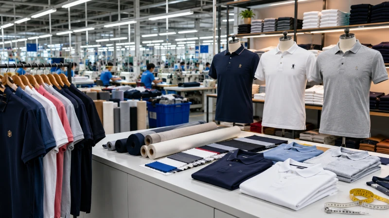 High quality custom polo shirt manufacturing factory with premium fabric production and branded polo apparel display