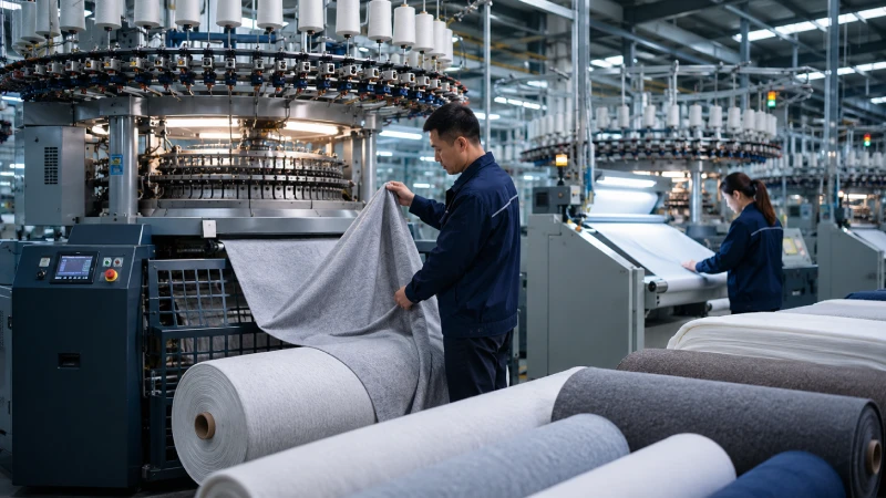 Modern jersey fabric manufacturing factory with circular knitting machines and fabric quality inspection process