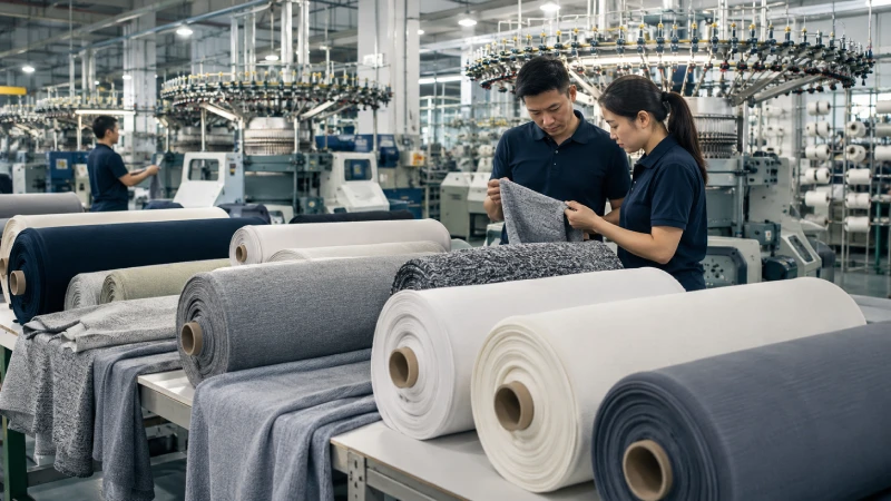 Global knit fabric manufacturing factory with jersey, rib knit, and performance fabric rolls for apparel sourcing