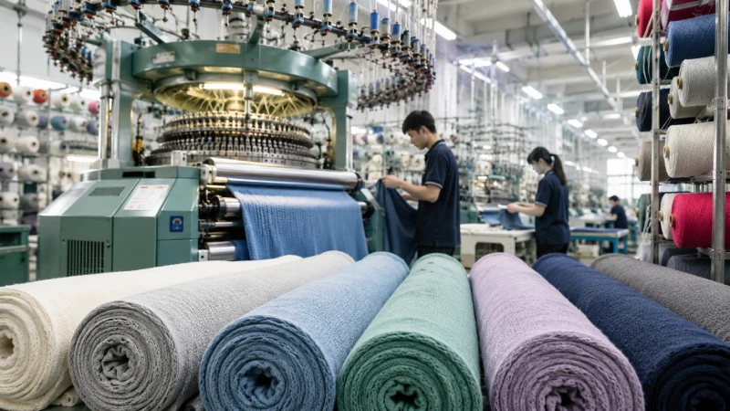 Modern knitted fabric manufacturing factory with circular knitting machines and colorful knit fabric rolls for apparel production