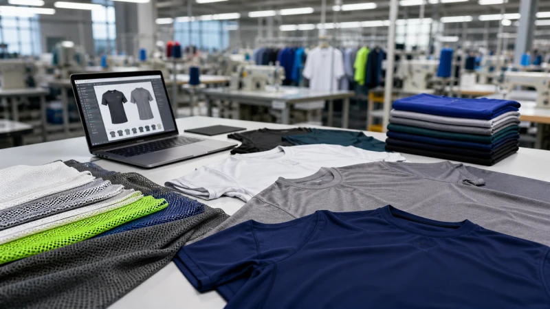 Polyester T-shirt manufacturing workspace with performance fabric samples and apparel production environment