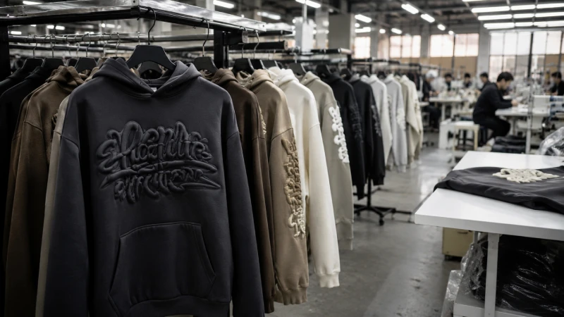 Custom puff print hoodies displayed in a modern streetwear apparel manufacturing factory