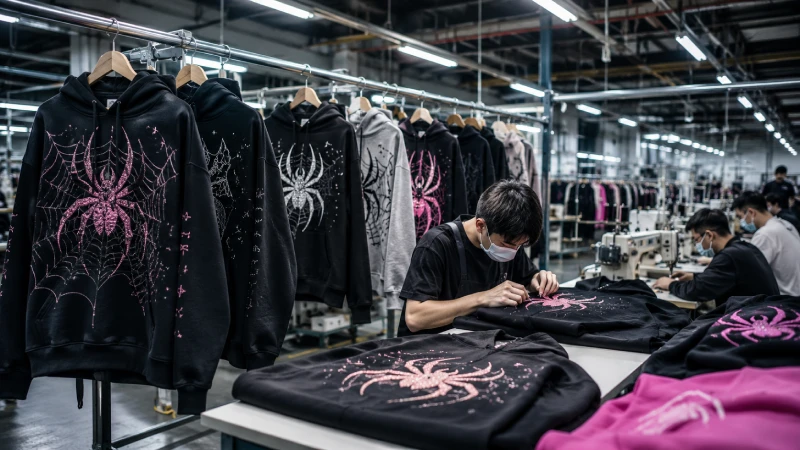Custom spider hoodie manufacturing inside a premium streetwear factory