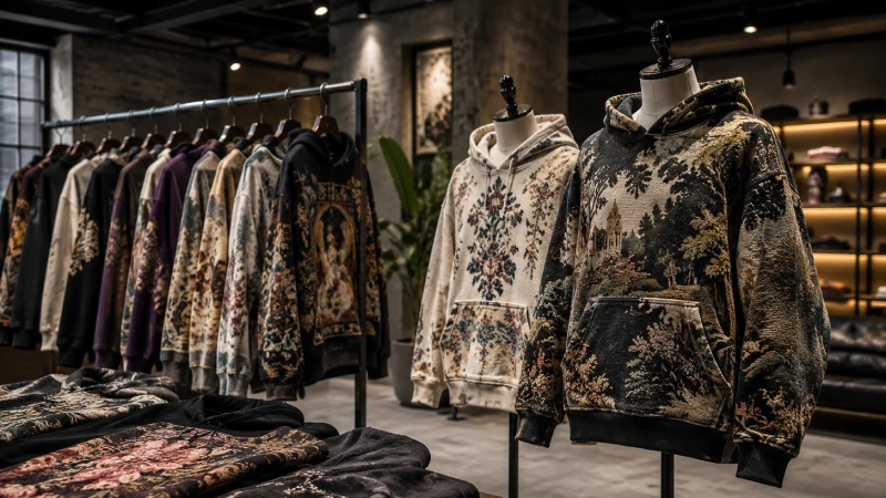 Premium tapestry hoodies displayed in a modern streetwear fashion studio
