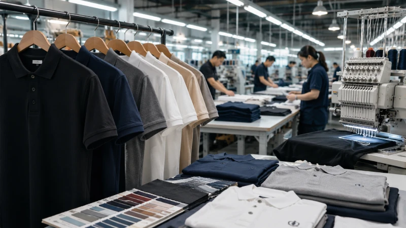 Wholesale polo shirt manufacturing factory with custom polo shirts, fabric sourcing, and bulk apparel production
