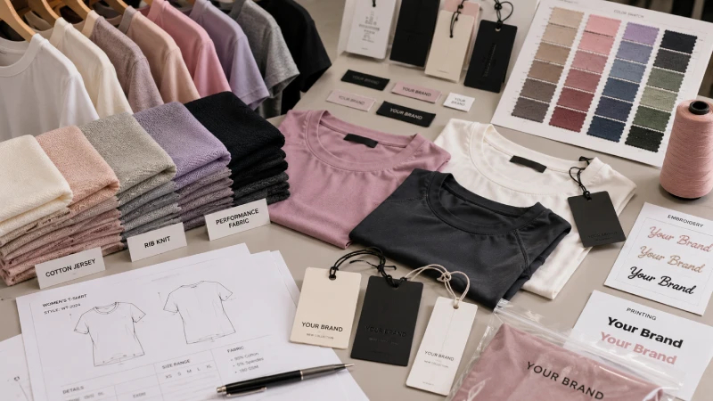 Women’s T-shirt fabric customization and private label apparel development with fabric swatches, branding samples, and OEM garment production process