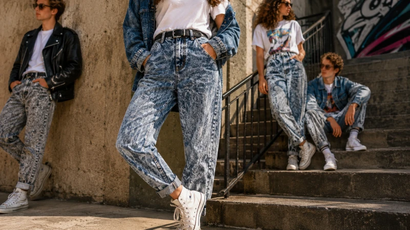 80s acid wash jeans with retro denim wash and modern streetwear styling