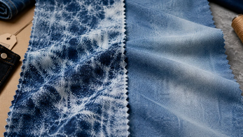 Close-up comparison of acid wash denim texture and stone wash denim texture