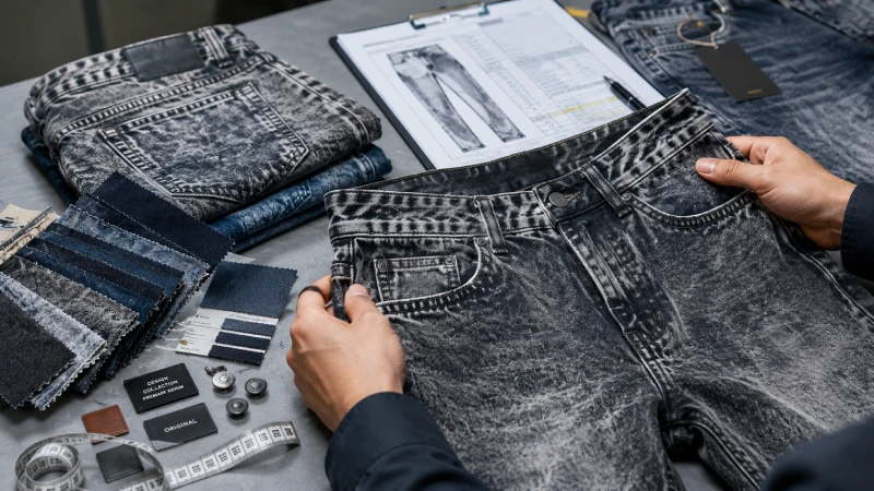 Acid wash jeans quality control inspection with denim fabric, stitching, hardware, and wash reference samples