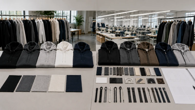 Custom sportswear manufacturer sourcing table with activewear samples and fabric options