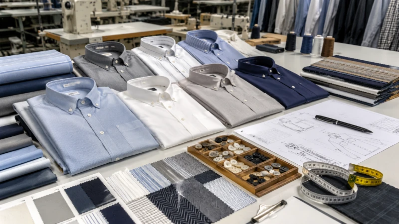 Hero Image ALT: Button up shirt samples, fabric swatches, buttons, and technical sketches on a garment manufacturing table