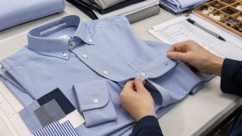 Body Image ALT:
Close-up inspection of button up shirt collar, cuffs, buttons, stitching, and fabric quality during production