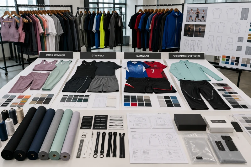 Tabla de abastecimiento de fabricantes de ropa deportiva en China con muestras de ropa activa y muestras de telas