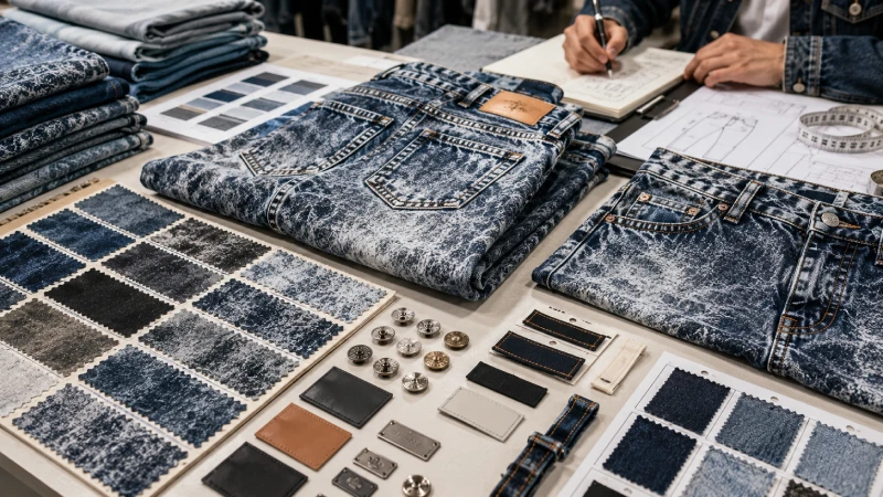 custom acid wash jeans development with denim fabric swatches and trim options