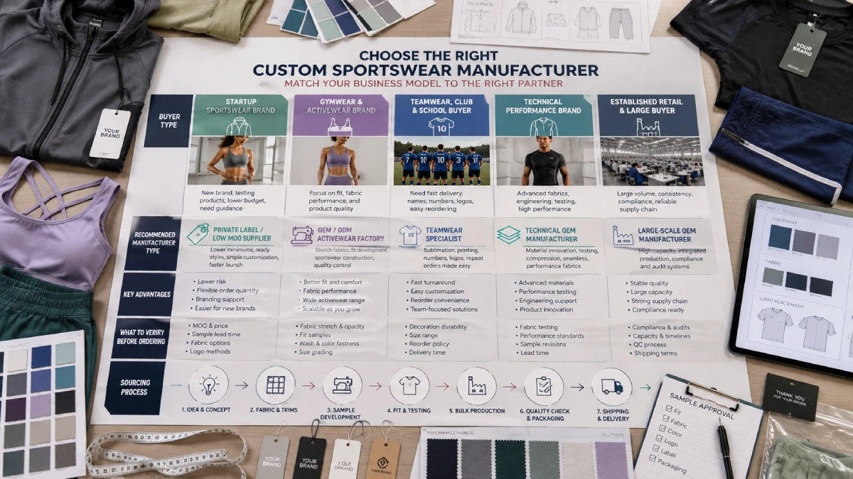 Custom sportswear manufacturing decision matrix showing buyer types, manufacturer models, activewear samples, and sourcing planning materials.