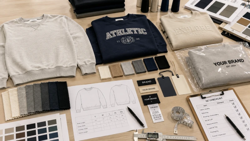Custom sweatshirt manufacturer comparison planning table with fleece fabrics, labels, trims, and sweatshirt samples
