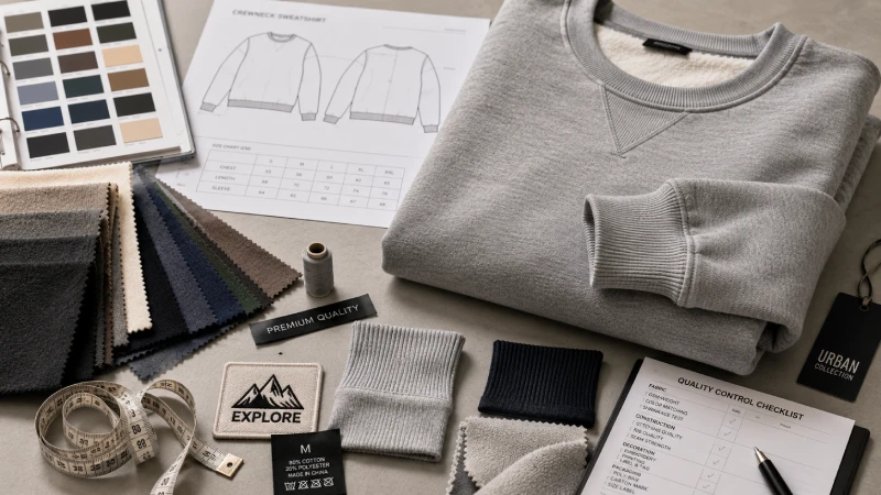 Hochwertige Sweatshirt-Beschaffungstabelle mit Stoffmustern, Etiketten, Nähdetails und Messwerkzeugen.