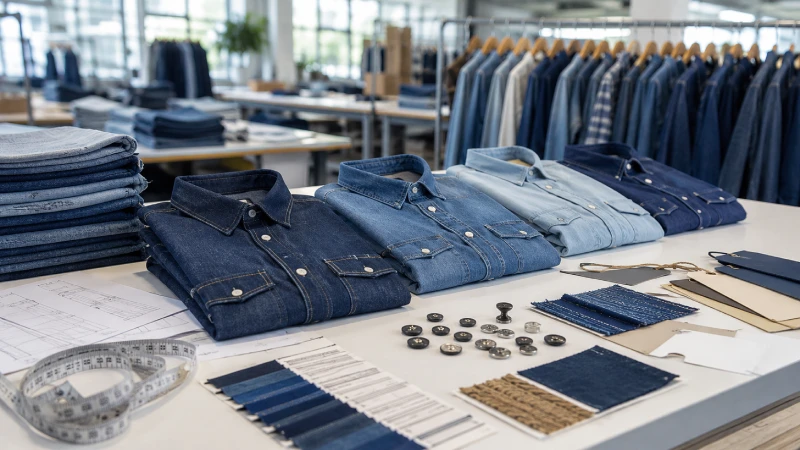 Custom denim shirt manufacturing table with fabric swatches, shirt samples, buttons, labels, and production patterns
