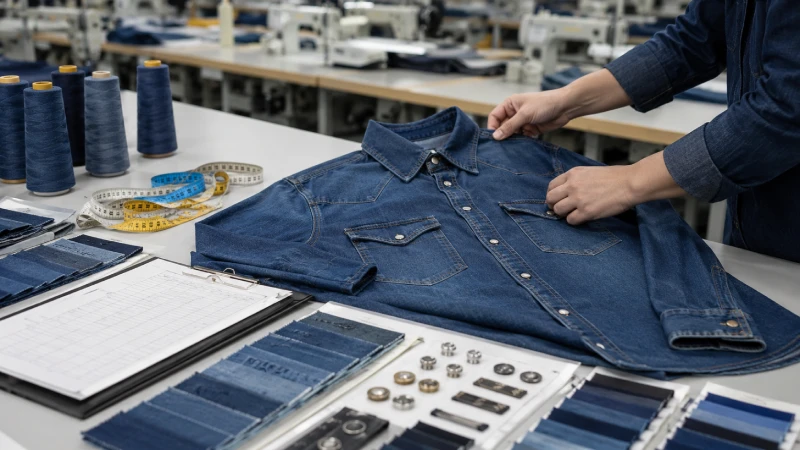 Denim shirt quality control inspection with stitching details, fabric wash samples, trims, and measuring tape