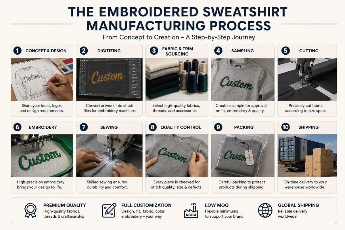 Nahaufnahme von bestickten Sweatshirt-Mustern, Garnfarben und Stoffqualitätskontrolle für die OEM-Produktion