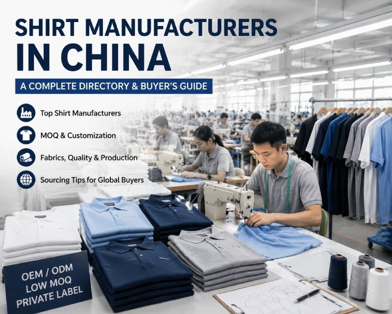 Chinese shirt factory producing T-shirts, polos, and dress shirts for export markets