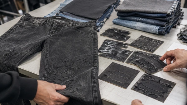 Custom black acid wash jeans with embroidery development options for OEM denim sourcing