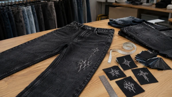 Black acid wash jeans prepared for private label denim program development
