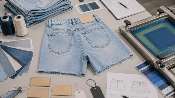 High-waist cotton denim shorts prepared for private label waist logo customization
