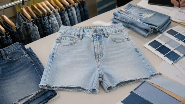 OEM high-waist cotton denim shorts arranged for a summer casual denim collection