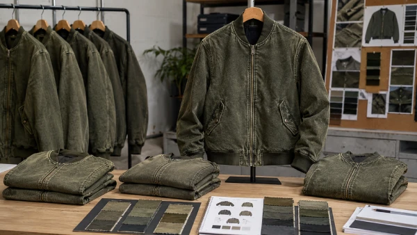 Men’s cotton denim bomber jackets organized for a casual menswear retail assortment