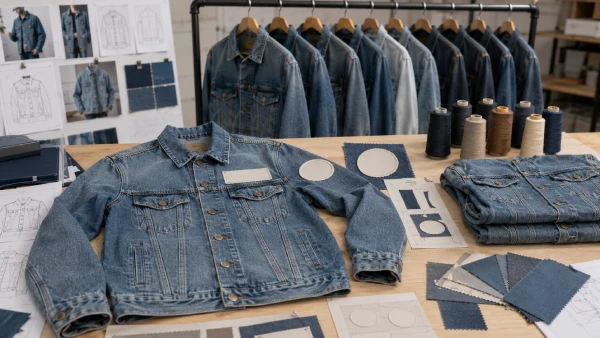 OEM men’s denim jacket prepared for custom logo and embroidery development