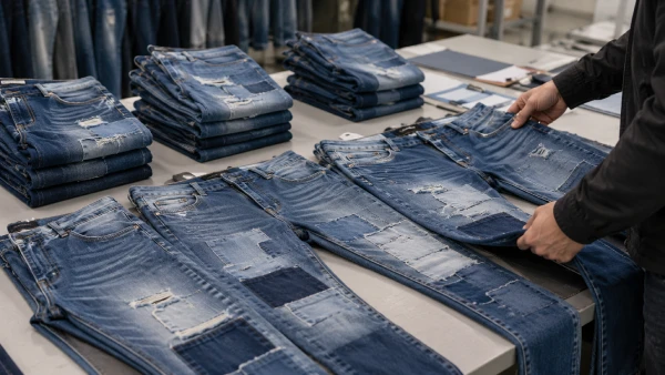 Straight patchwork denim jeans arranged for wholesale denim procurement