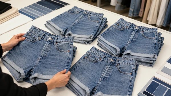 Women’s high-waisted cotton denim shorts prepared for a basics denim assortment